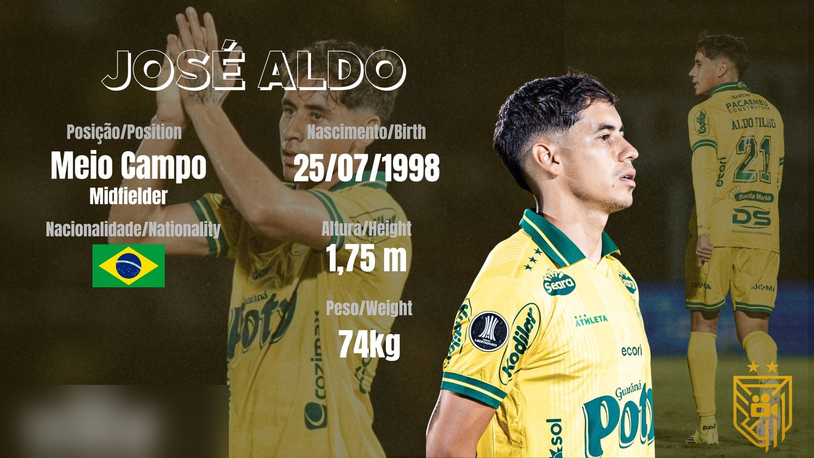 Abertura do material de melhores momentos de José Aldo, meio-campista, com ficha técnica bilíngue